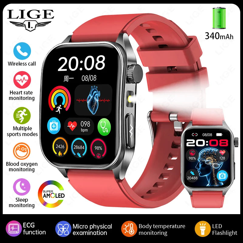 LIGE ECG+PPG Smart Watch 650nm Dual Probe Laser Health Conditioning Women Uric Acid Blood Lipid Blood Pressure Man Smartwatch