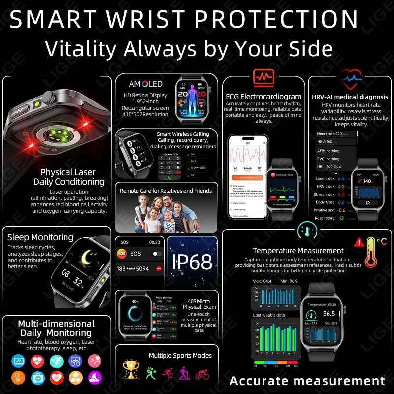 LIGE ECG+PPG Smart Watch 650nm Dual Probe Laser Health Conditioning Women Uric Acid Blood Lipid Blood Pressure Man Smartwatch