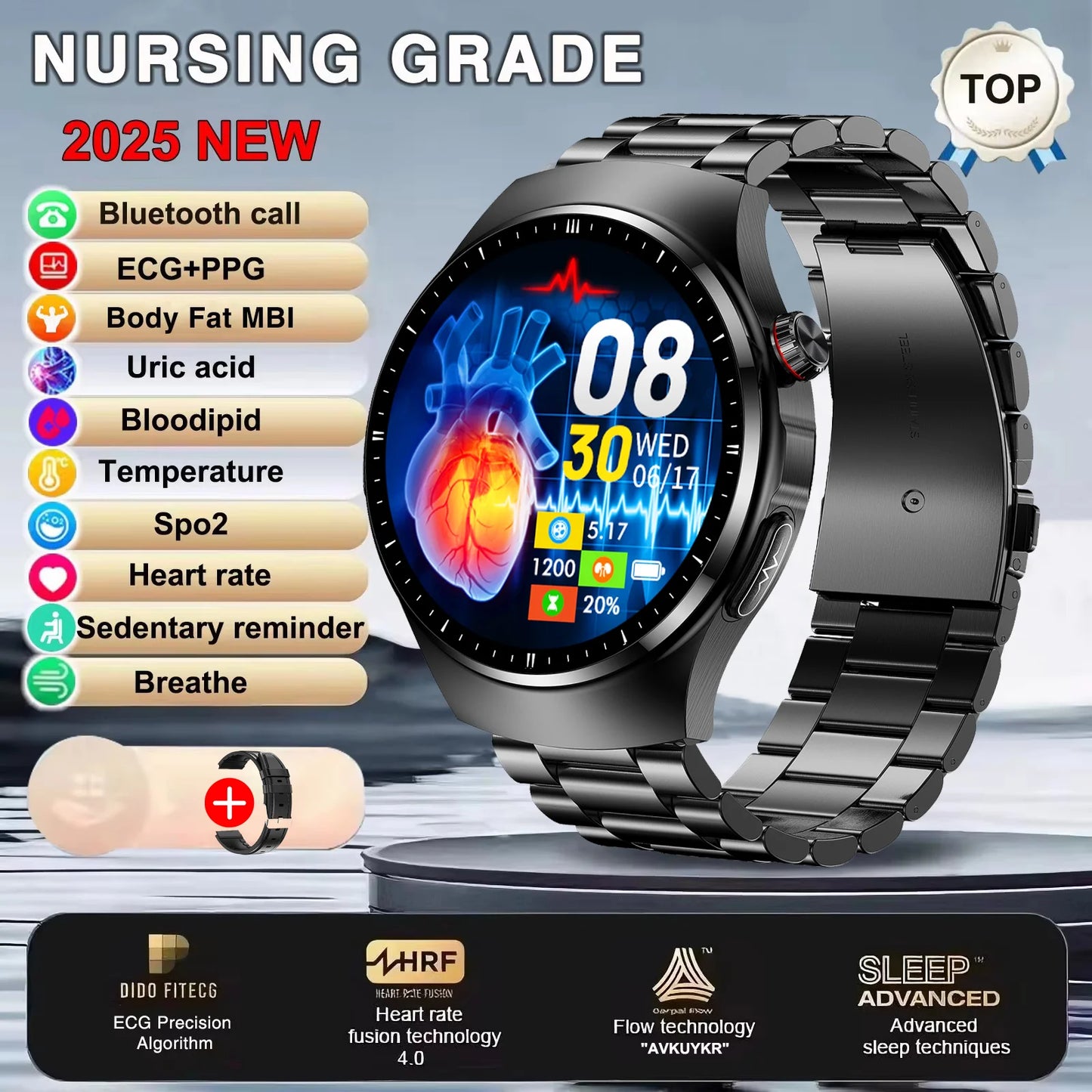 New ECG+PPG Health Traker Smart Watch Blood Lipids Uric Acid Clock Blood pressure wireless Call Body Monitoring smartwatch