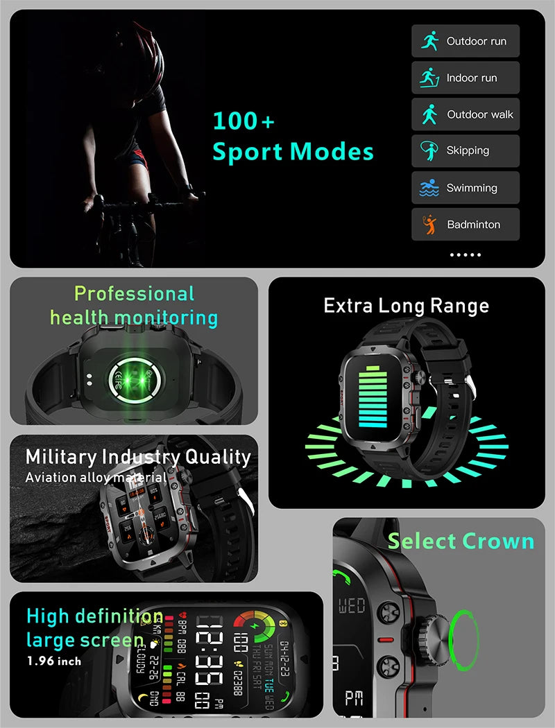 Active Smart Fit Military GPS Watch — 1.96", 5ATM, BT Call, Outdoor Sports & Health Monitor