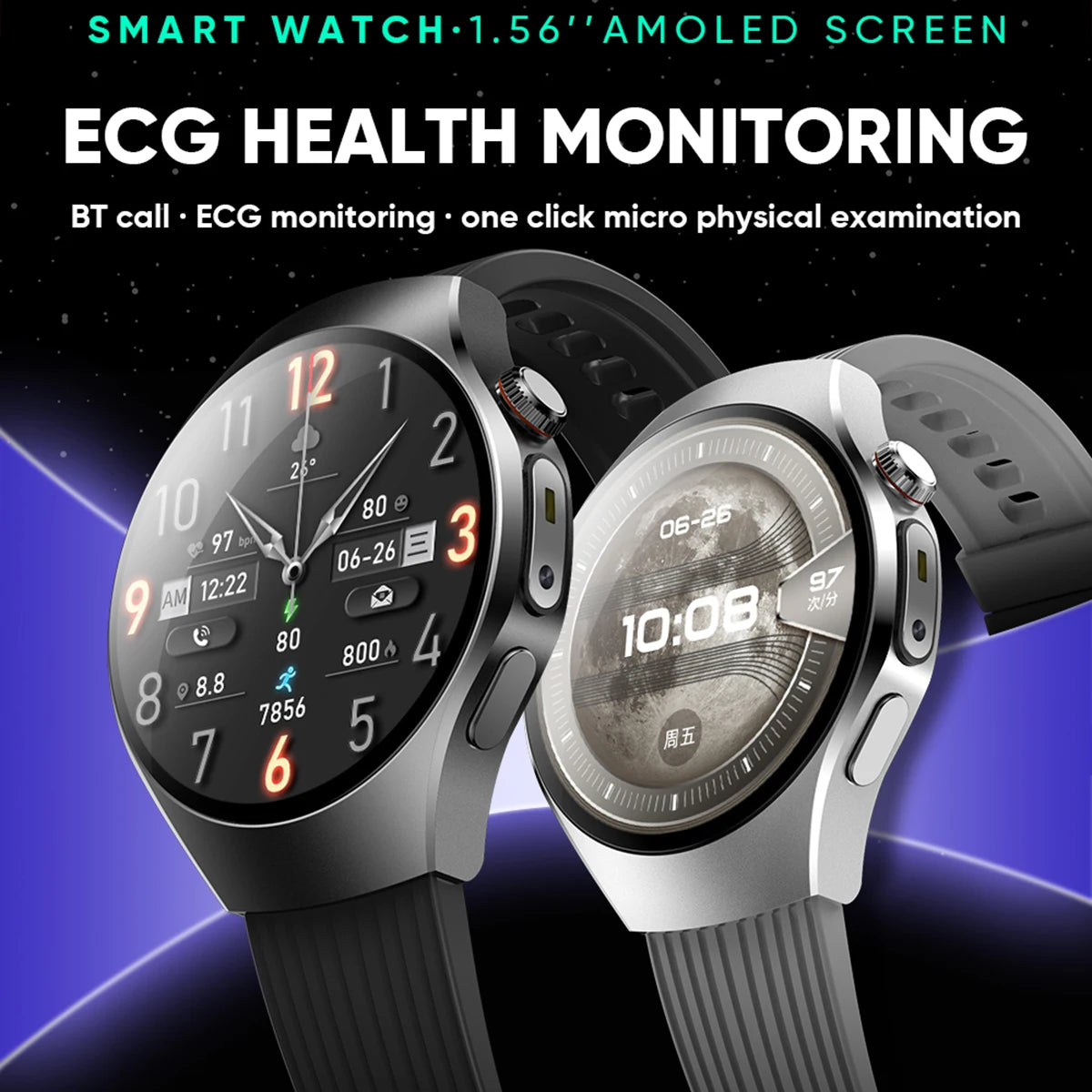 ECG Smartwatch VWAR Watch 5 1.56" AMOLED Uric Acid Blood lipids Blood Oxygen Smart Watch Men LED Flashlight for Android IOS