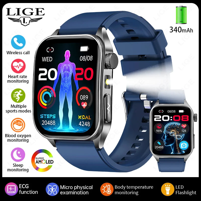 LIGE ECG+PPG Smart Watch 650nm Dual Probe Laser Health Conditioning Women Uric Acid Blood Lipid Blood Pressure Man Smartwatch