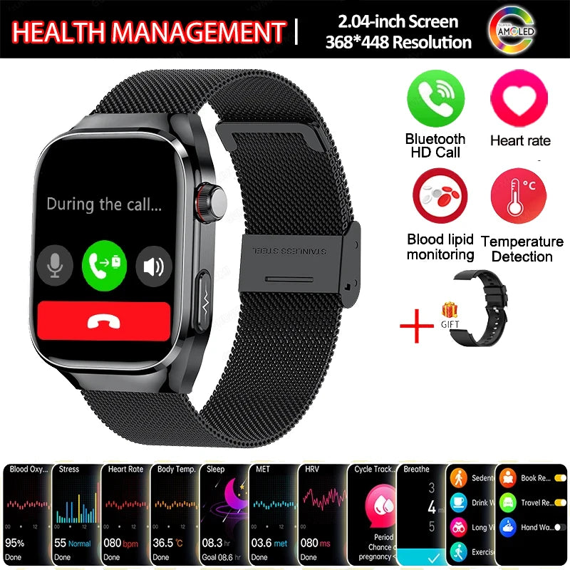 New Smart Watch Men Women ECG 2.04-inch AMOLED Screen Blood Lipids Uric Acid Blood Oxygen Micro Physical Examination Smart Watch
