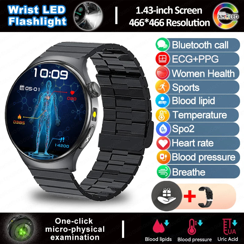2025 New  ECG Smart Watch AMOLED Health Monitoring Blood Oxygen Uric Acid Blood Components Women's Health Flashlight Smart Watch