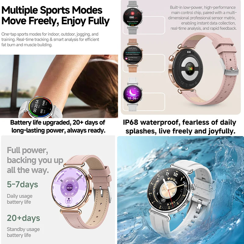 New Women's Smart Watch ECG Health Monitoring Blood Pressure Blood Oxygen Sports SOS Voice Assistant IP68 Waterproof Smart Watch
