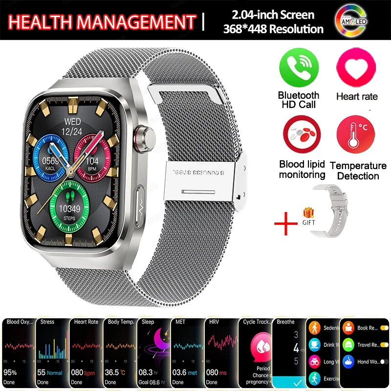 New Smart Watch Men Women ECG 2.04-inch AMOLED Screen Blood Lipids Uric Acid Blood Oxygen Micro Physical Examination Smart Watch