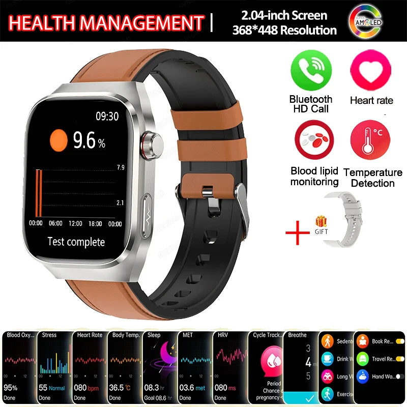 New Smart Watch Men Women ECG 2.04-inch AMOLED Screen Blood Lipids Uric Acid Blood Oxygen Micro Physical Examination Smart Watch