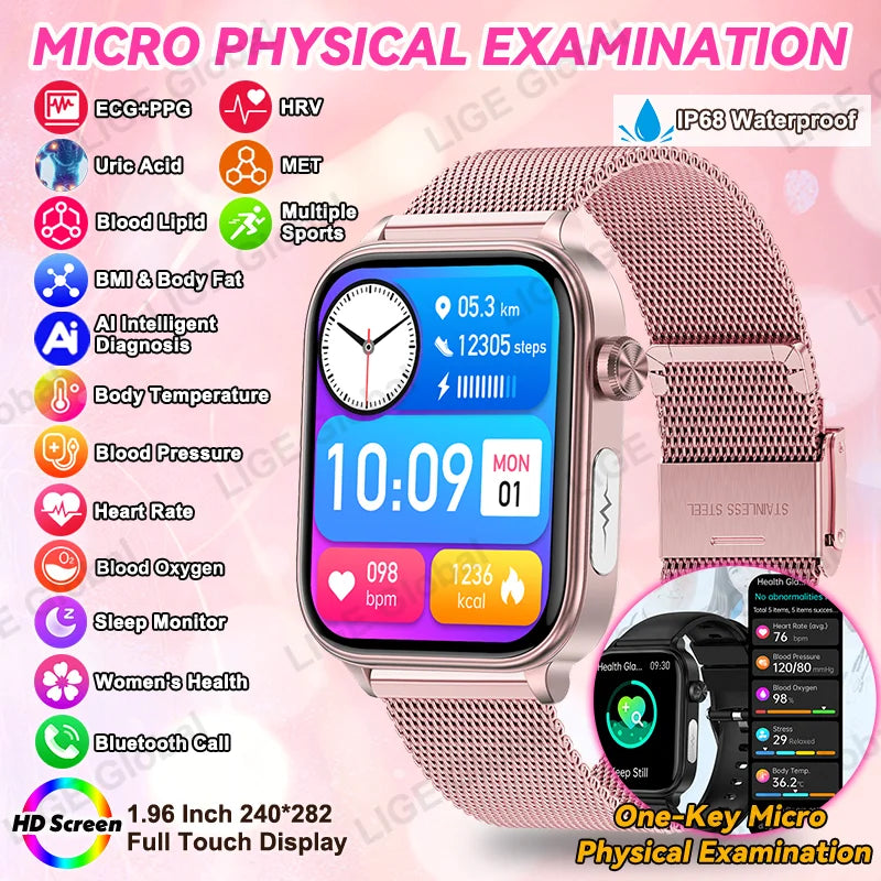 LIGE 2026 New ECG+PPG Healthy Diagnose Smart Watch Body Analysis Blood Pressure Lipid Uric Acid Women's Health Smartwatch Men