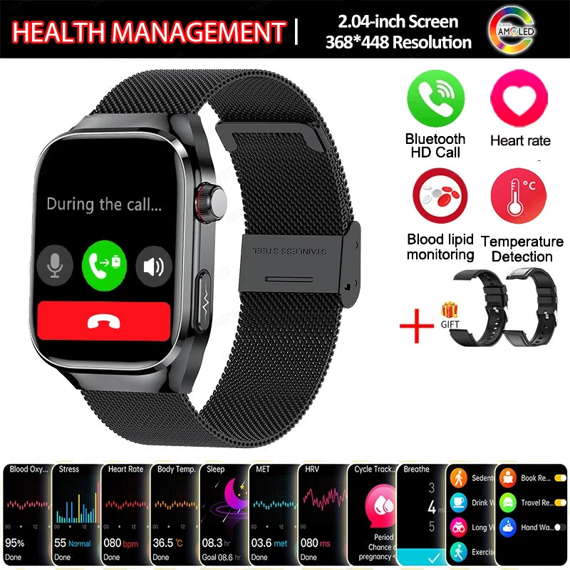 New Smart Watch Men Women ECG 2.04-inch AMOLED Screen Blood Lipids Uric Acid Blood Oxygen Micro Physical Examination Smart Watch