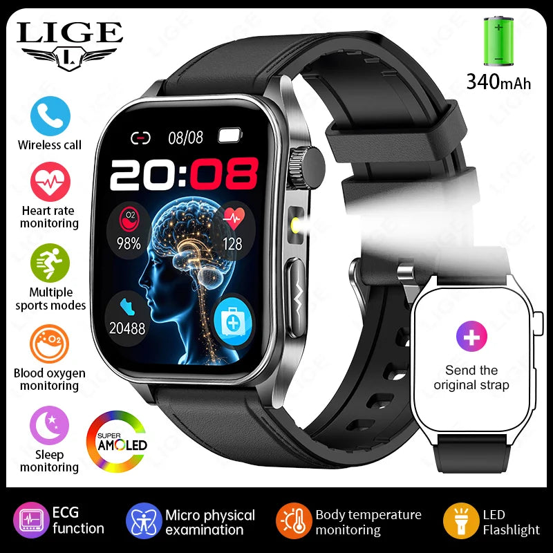 LIGE ECG+PPG Smart Watch 650nm Dual Probe Laser Health Conditioning Women Uric Acid Blood Lipid Blood Pressure Man Smartwatch