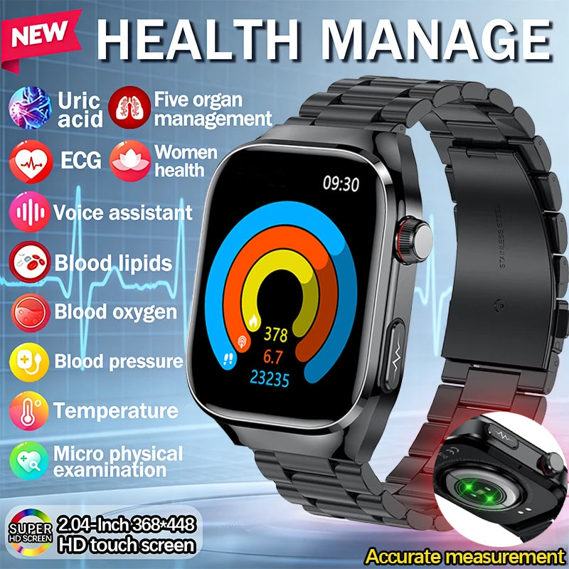 New Smart Watch Men Women ECG 2.04-inch AMOLED Screen Blood Lipids Uric Acid Blood Oxygen Micro Physical Examination Smart Watch
