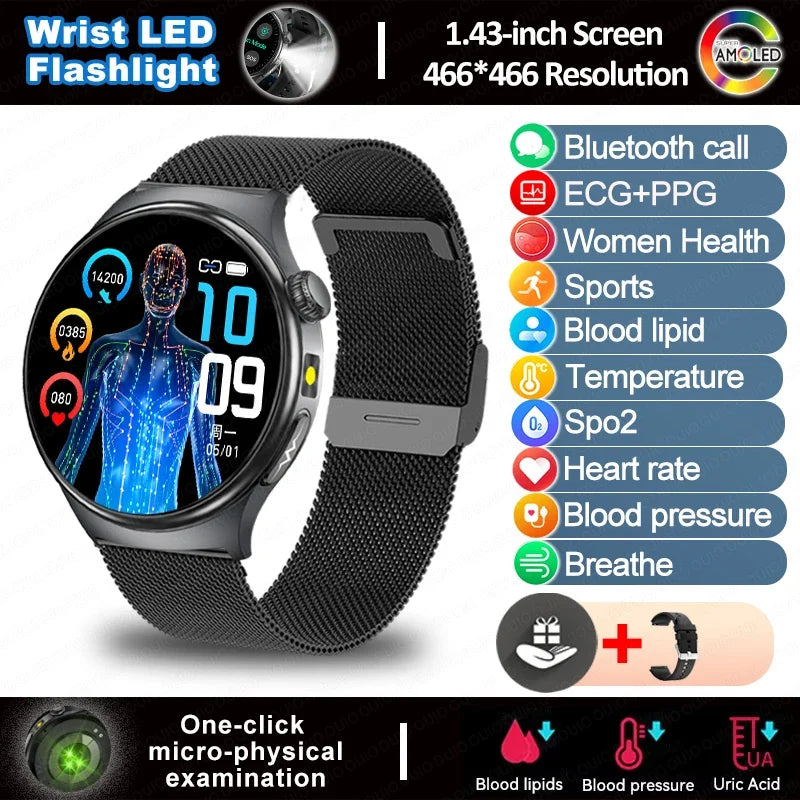 2025 New  ECG Smart Watch AMOLED Health Monitoring Blood Oxygen Uric Acid Blood Components Women's Health Flashlight Smart Watch