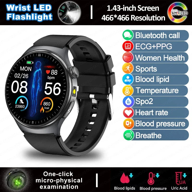 2025 New  ECG Smart Watch AMOLED Health Monitoring Blood Oxygen Uric Acid Blood Components Women's Health Flashlight Smart Watch