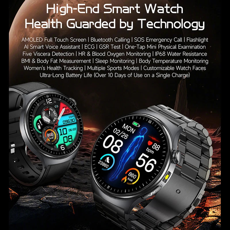 2025 New  ECG Smart Watch AMOLED Health Monitoring Blood Oxygen Uric Acid Blood Components Women's Health Flashlight Smart Watch