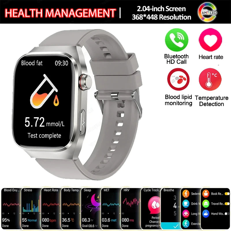 New Smart Watch Men Women ECG 2.04-inch AMOLED Screen Blood Lipids Uric Acid Blood Oxygen Micro Physical Examination Smart Watch