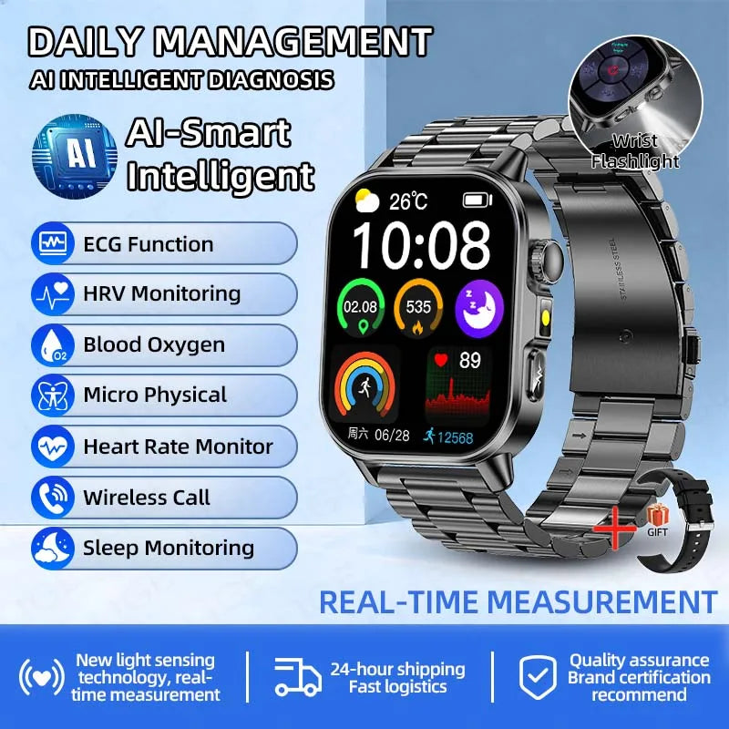 LIGE New ECG Smartwatch Men Heart Rate Blood Oxygen Uric Acid Monitor IP68 Waterproof 450mAh Health Smart Watches For Men Women