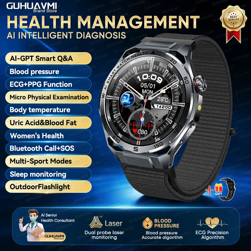 2026 Health Care ECG+PPG Smart Watch BMI ASnalysis Uric Acid Blood Lipids Blood Pressure BT Call AMOLED Smartwatch For Men Women