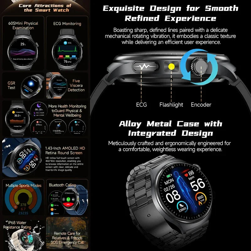 2025 New  ECG Smart Watch AMOLED Health Monitoring Blood Oxygen Uric Acid Blood Components Women's Health Flashlight Smart Watch