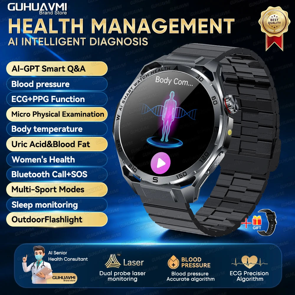 2026 Health Care ECG+PPG Smart Watch BMI ASnalysis Uric Acid Blood Lipids Blood Pressure BT Call AMOLED Smartwatch For Men Women