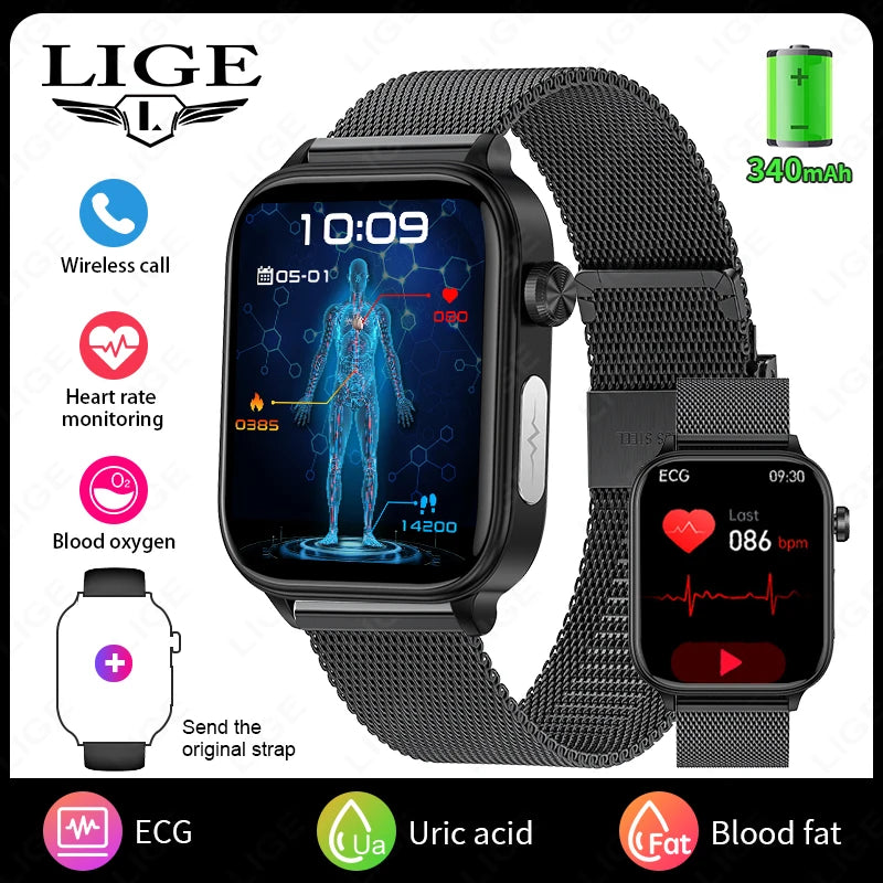 LIGE 2026 New ECG+PPG Healthy Diagnose Smart Watch Body Analysis Blood Pressure Lipid Uric Acid Women's Health Smartwatch Men