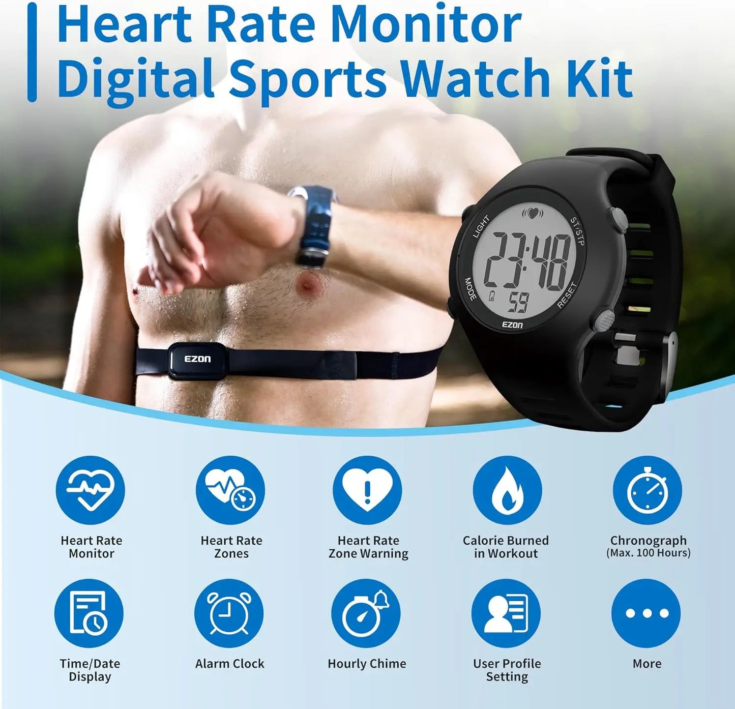 Sports Heart Rate Monitor Watch — Chest Strap Included