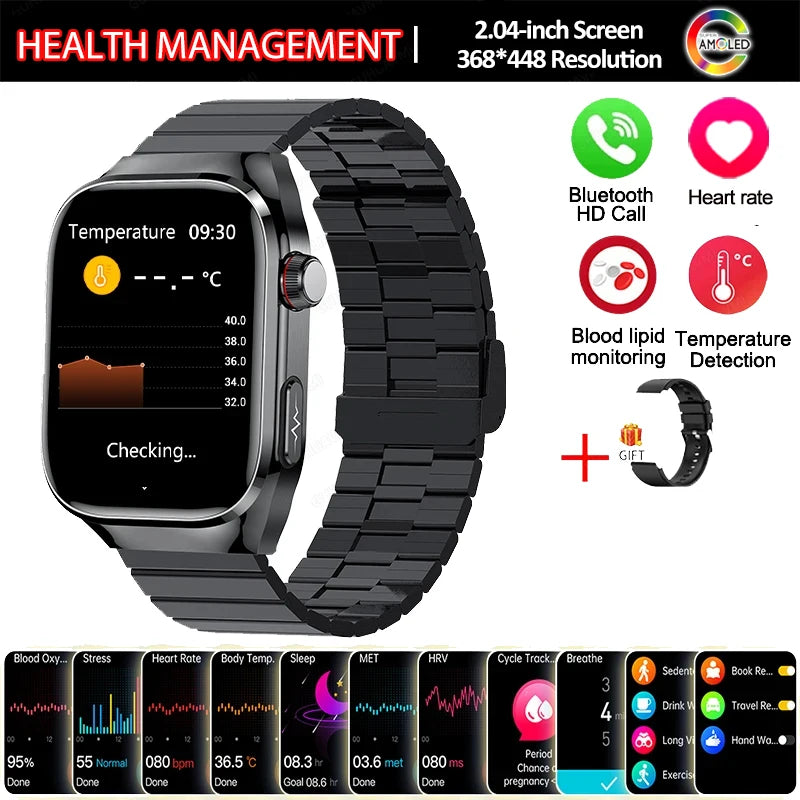 New Smart Watch Men Women ECG 2.04-inch AMOLED Screen Blood Lipids Uric Acid Blood Oxygen Micro Physical Examination Smart Watch