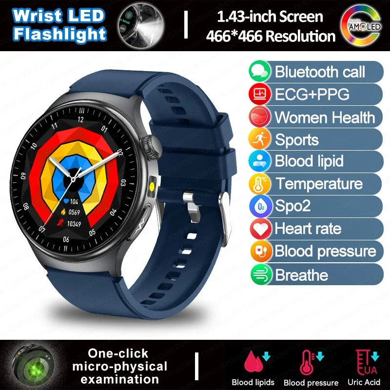 2025 New  ECG Smart Watch AMOLED Health Monitoring Blood Oxygen Uric Acid Blood Components Women's Health Flashlight Smart Watch