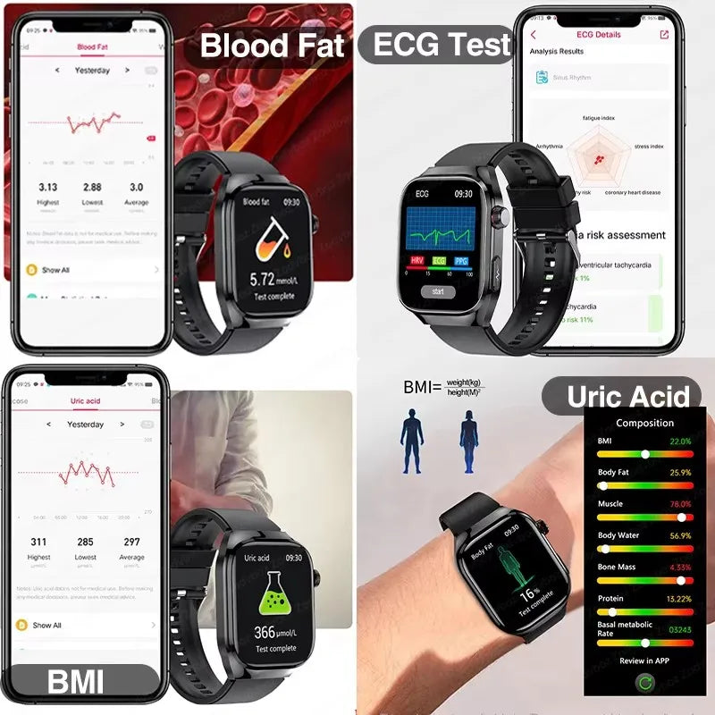 New Smart Watch Men Women ECG 2.04-inch AMOLED Screen Blood Lipids Uric Acid Blood Oxygen Micro Physical Examination Smart Watch