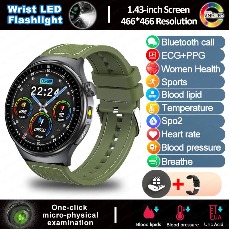 2025 New  ECG Smart Watch AMOLED Health Monitoring Blood Oxygen Uric Acid Blood Components Women's Health Flashlight Smart Watch