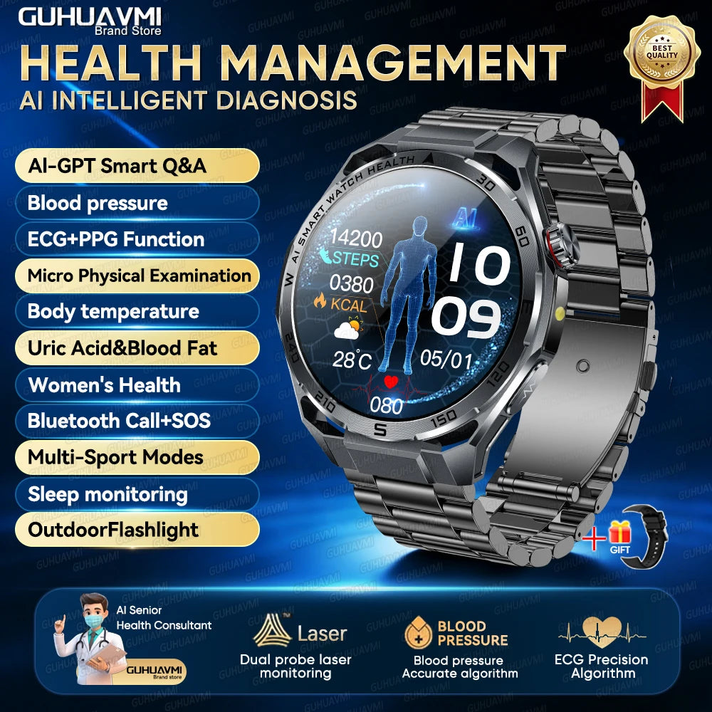2026 Health Care ECG+PPG Smart Watch BMI ASnalysis Uric Acid Blood Lipids Blood Pressure BT Call AMOLED Smartwatch For Men Women