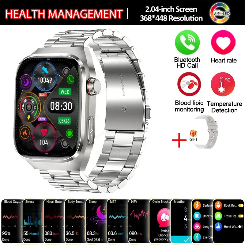 New Smart Watch Men Women ECG 2.04-inch AMOLED Screen Blood Lipids Uric Acid Blood Oxygen Micro Physical Examination Smart Watch