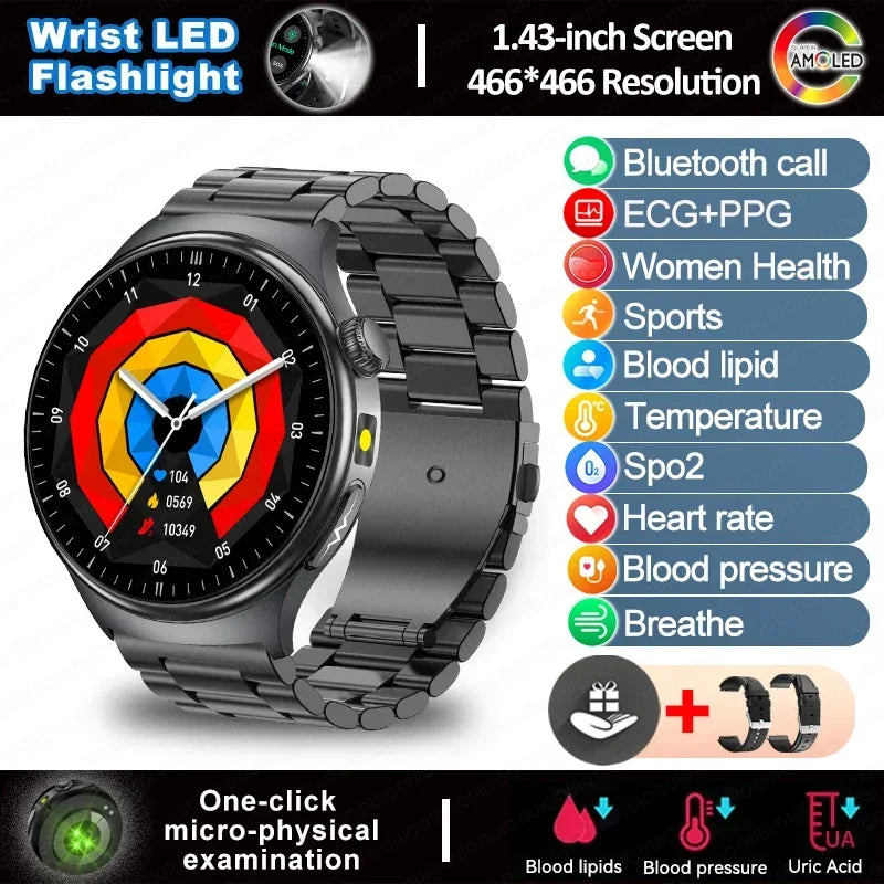 2025 New  ECG Smart Watch AMOLED Health Monitoring Blood Oxygen Uric Acid Blood Components Women's Health Flashlight Smart Watch