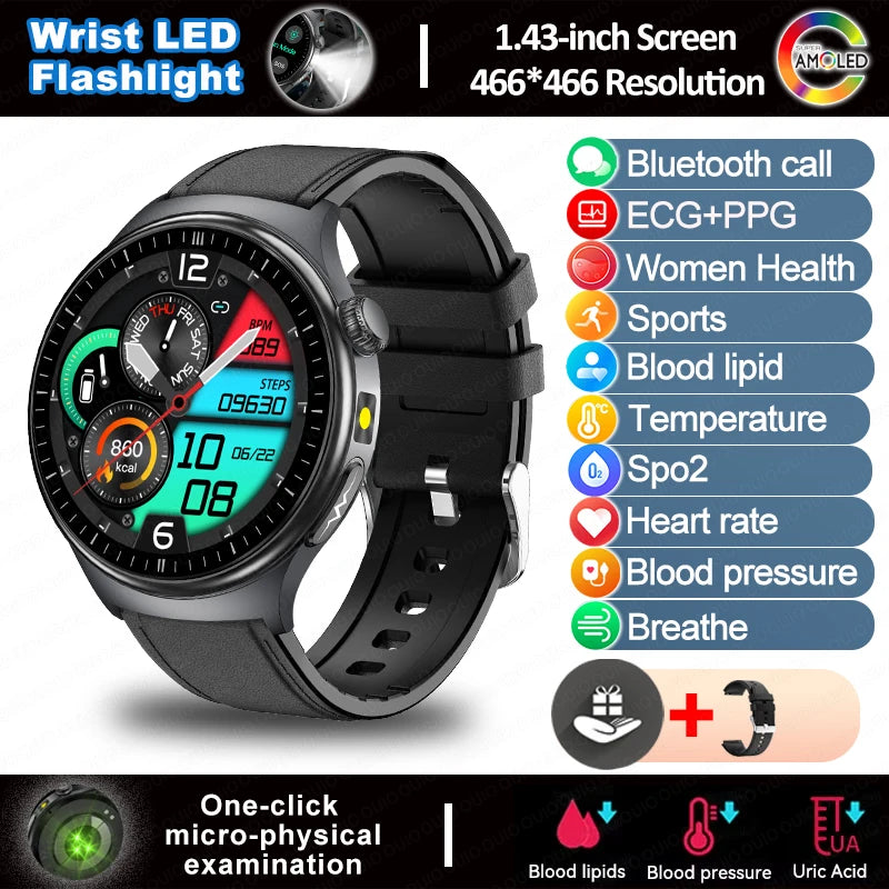 2025 New  ECG Smart Watch AMOLED Health Monitoring Blood Oxygen Uric Acid Blood Components Women's Health Flashlight Smart Watch