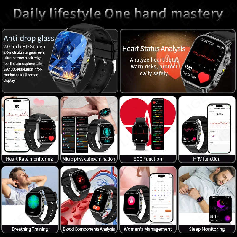 LIGE New ECG Smartwatch Men Heart Rate Blood Oxygen Uric Acid Monitor IP68 Waterproof 450mAh Health Smart Watches For Men Women