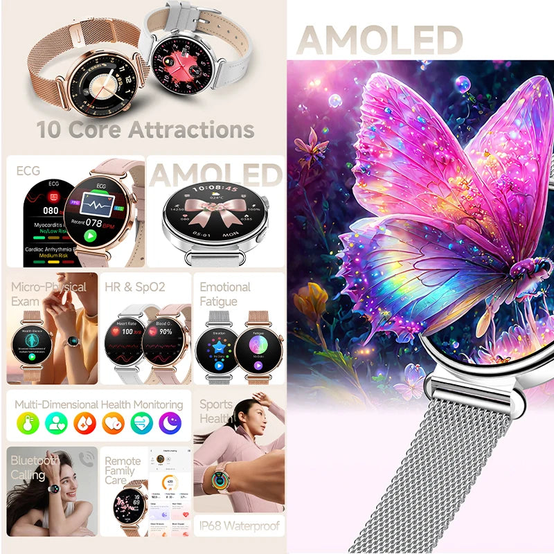 New Women's Smart Watch ECG Health Monitoring Blood Pressure Blood Oxygen Sports SOS Voice Assistant IP68 Waterproof Smart Watch