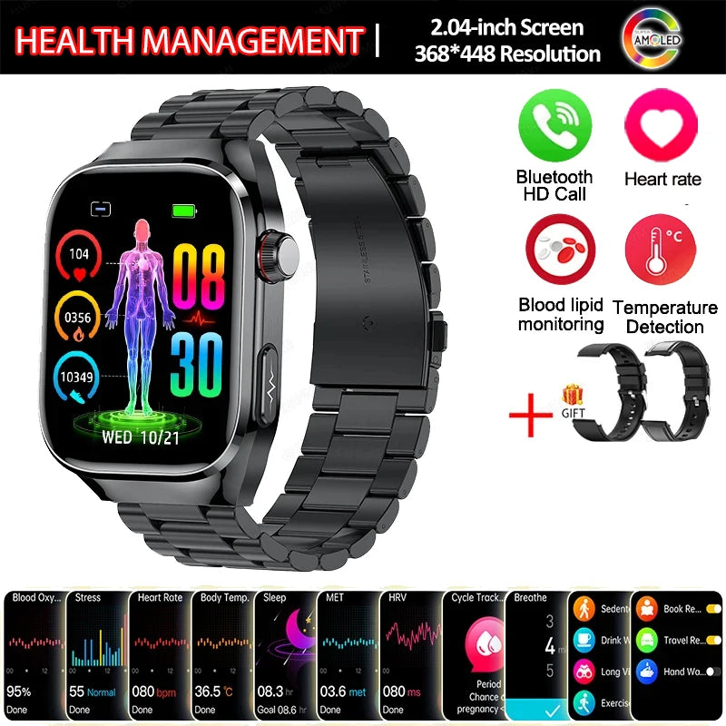 New Smart Watch Men Women ECG 2.04-inch AMOLED Screen Blood Lipids Uric Acid Blood Oxygen Micro Physical Examination Smart Watch