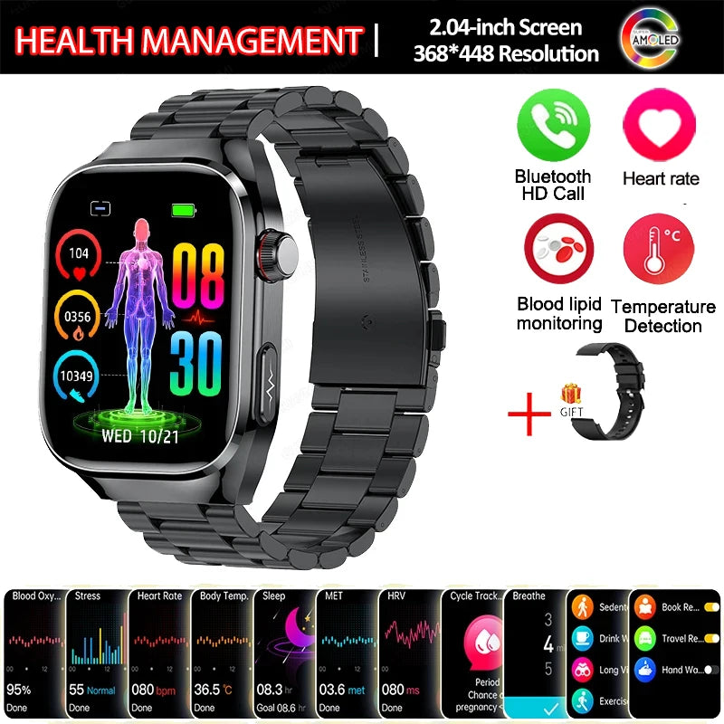New Smart Watch Men Women ECG 2.04-inch AMOLED Screen Blood Lipids Uric Acid Blood Oxygen Micro Physical Examination Smart Watch