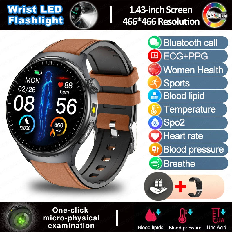 2025 New  ECG Smart Watch AMOLED Health Monitoring Blood Oxygen Uric Acid Blood Components Women's Health Flashlight Smart Watch