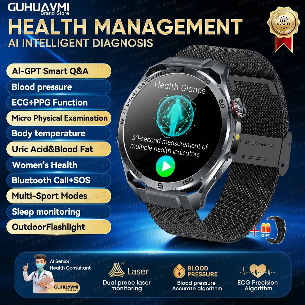 2026 Health Care ECG+PPG Smart Watch BMI ASnalysis Uric Acid Blood Lipids Blood Pressure BT Call AMOLED Smartwatch For Men Women