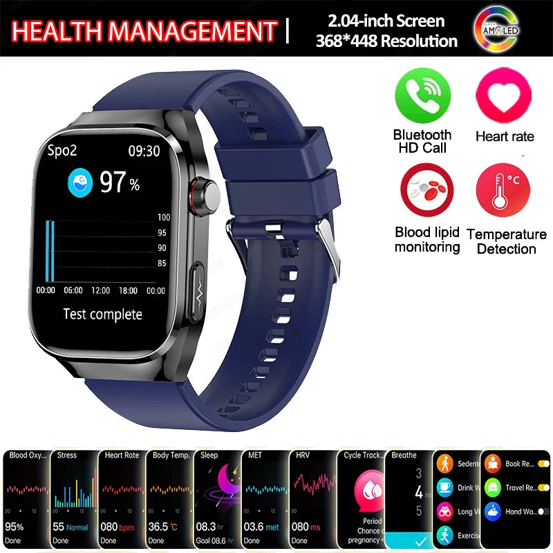 New Smart Watch Men Women ECG 2.04-inch AMOLED Screen Blood Lipids Uric Acid Blood Oxygen Micro Physical Examination Smart Watch