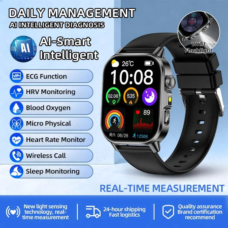 LIGE New ECG Smartwatch Men Heart Rate Blood Oxygen Uric Acid Monitor IP68 Waterproof 450mAh Health Smart Watches For Men Women