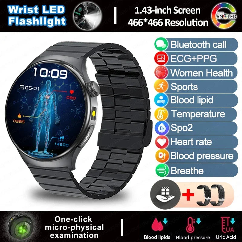 2025 New  ECG Smart Watch AMOLED Health Monitoring Blood Oxygen Uric Acid Blood Components Women's Health Flashlight Smart Watch