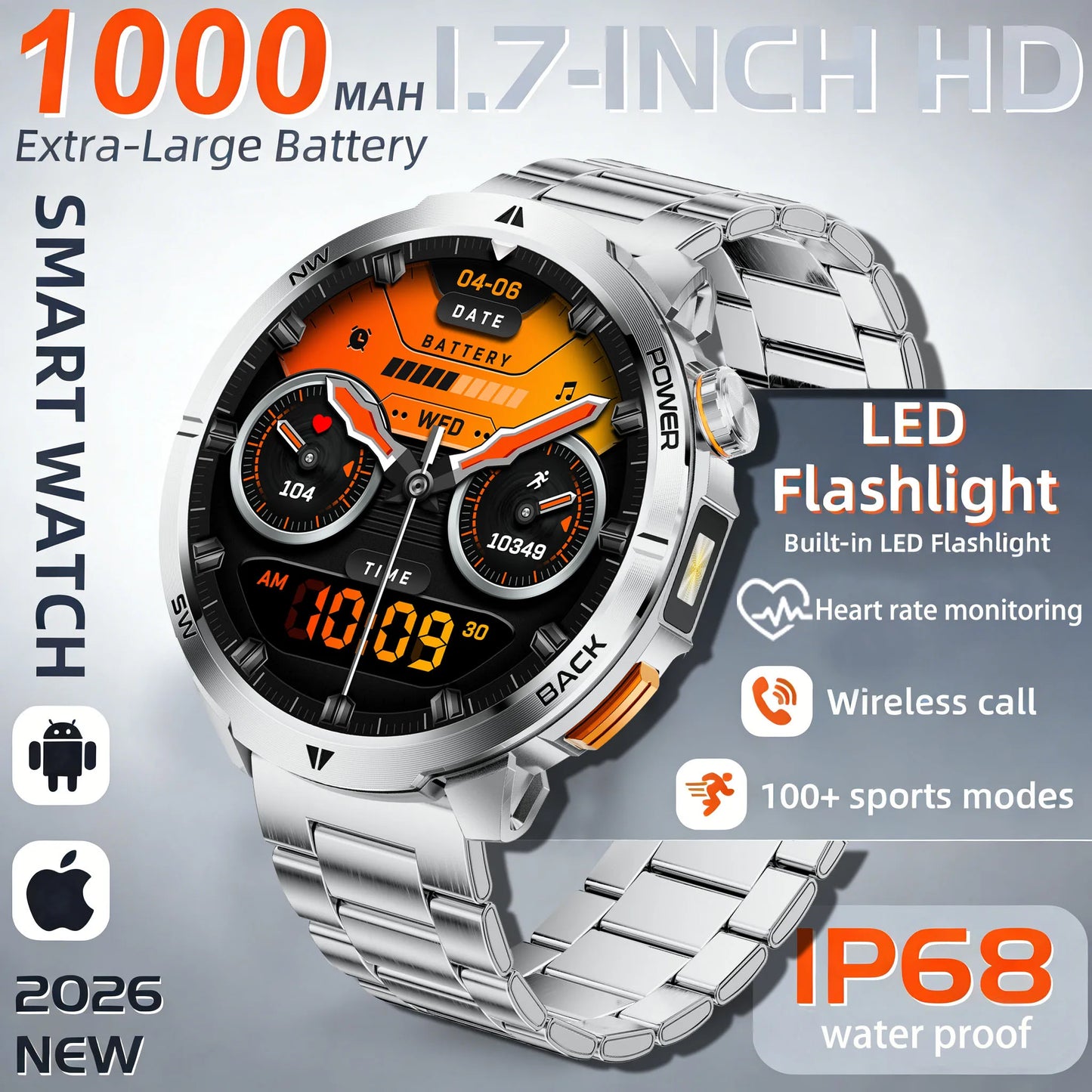 Active Smart Fit Flash Watch — 1.7" HD, LED Flashlight, Heart Rate & Bluetooth Call