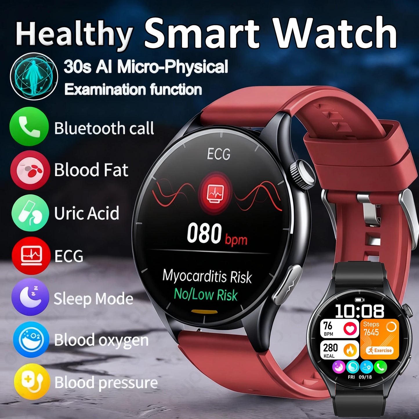 New Healthy Smart Watch ECG Detection Lipids Uric Acid Blood Oxygen Blood Pressure Men NFC Sleep Sport Clock BT Call Smart Watch