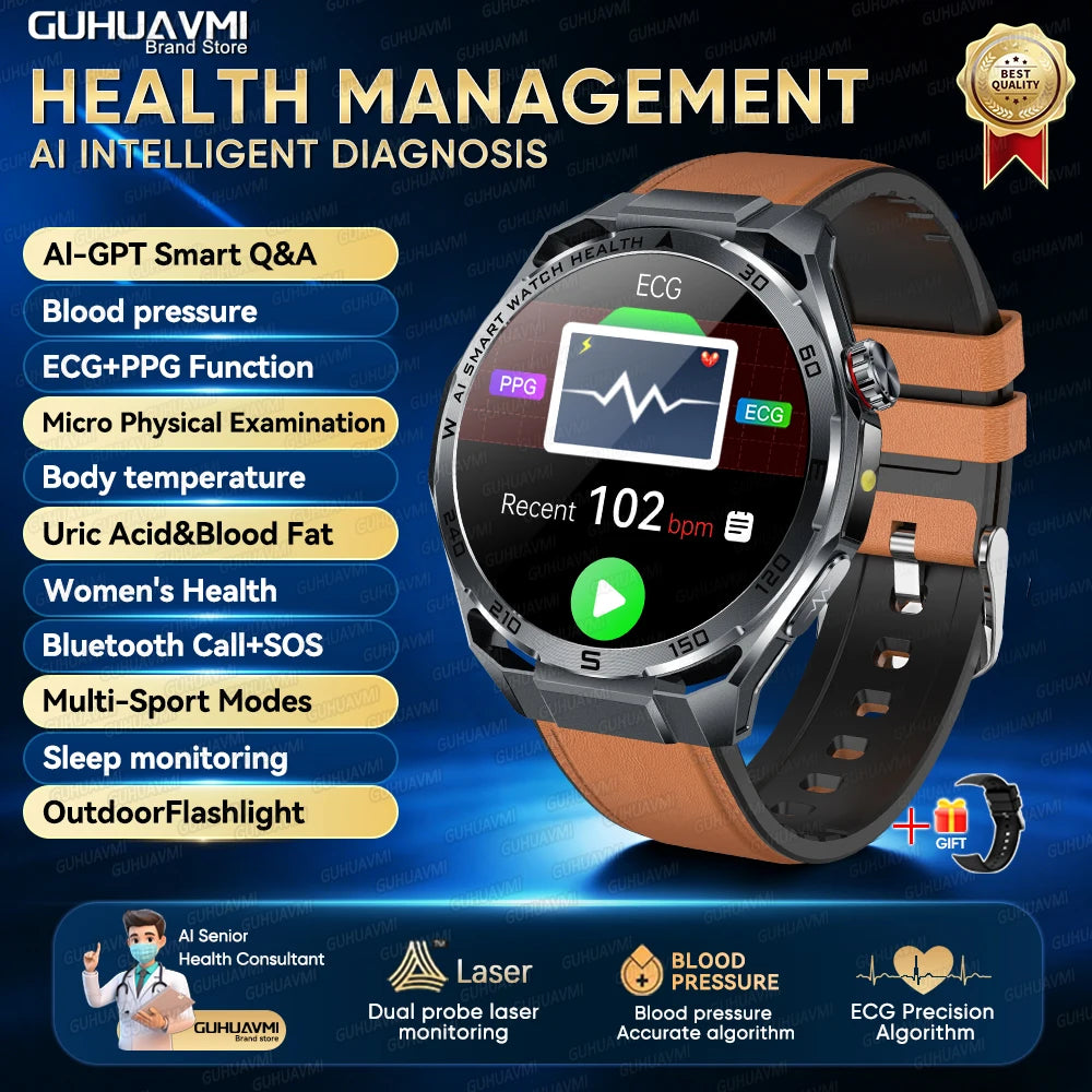 2026 Health Care ECG+PPG Smart Watch BMI ASnalysis Uric Acid Blood Lipids Blood Pressure BT Call AMOLED Smartwatch For Men Women