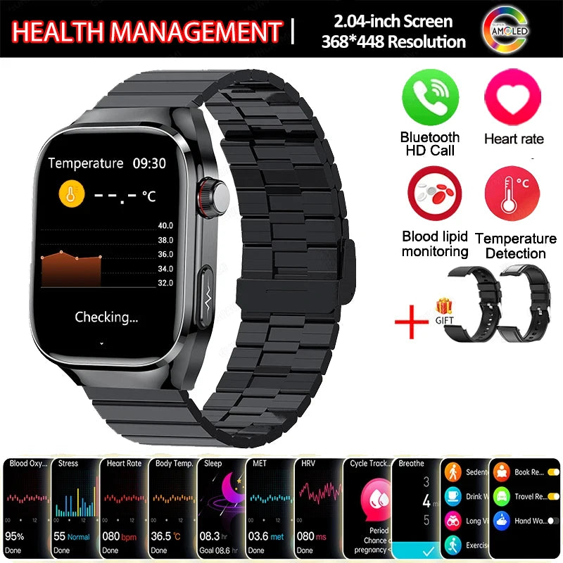 New Smart Watch Men Women ECG 2.04-inch AMOLED Screen Blood Lipids Uric Acid Blood Oxygen Micro Physical Examination Smart Watch