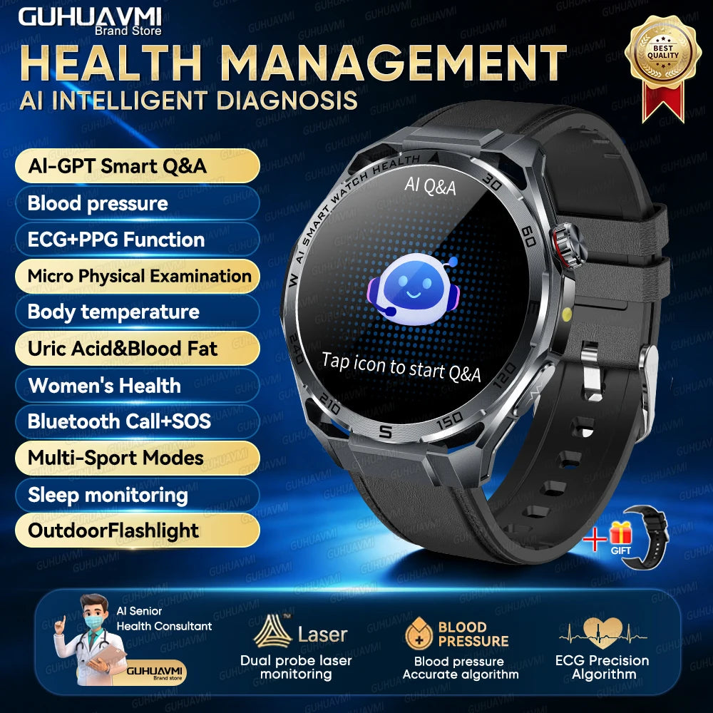 2026 Health Care ECG+PPG Smart Watch BMI ASnalysis Uric Acid Blood Lipids Blood Pressure BT Call AMOLED Smartwatch For Men Women