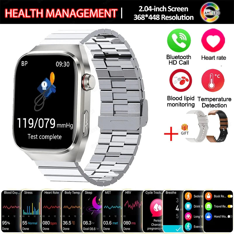 New Smart Watch Men Women ECG 2.04-inch AMOLED Screen Blood Lipids Uric Acid Blood Oxygen Micro Physical Examination Smart Watch