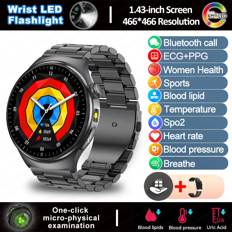 2025 New  ECG Smart Watch AMOLED Health Monitoring Blood Oxygen Uric Acid Blood Components Women's Health Flashlight Smart Watch