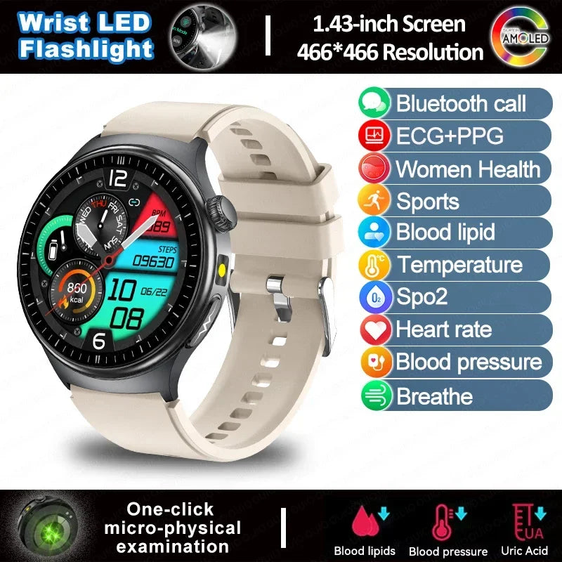 2025 New  ECG Smart Watch AMOLED Health Monitoring Blood Oxygen Uric Acid Blood Components Women's Health Flashlight Smart Watch